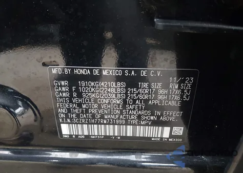 2024 Honda Hr-V 2Wd Ex-L/2Wd Ex-L W/O Bsi from USA, damaged, VIN 3CZRZ1H77RM731999